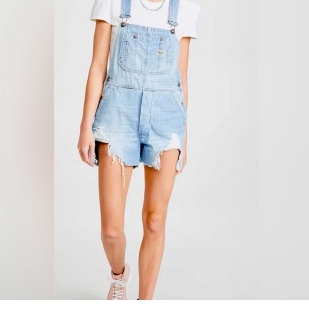 R13 Overall Short Distressed Denim Elton Blue  Size Large